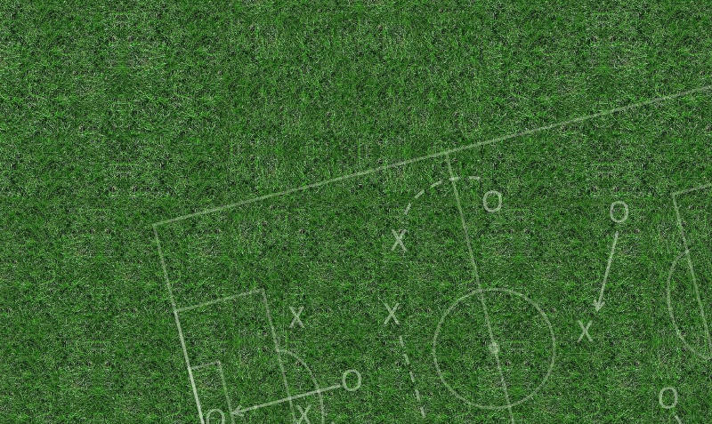 Ein Fußballrasen, stilisierte Planung von Spielzügen