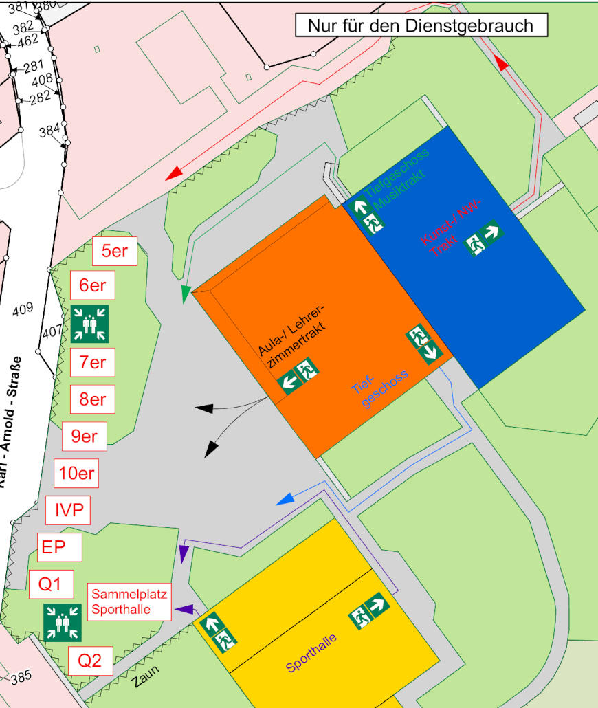 LAgeplan des Burgau-Gymnasiums mit Aufstellorten für Klassen und Stufen im Falle eines Feueralarms
